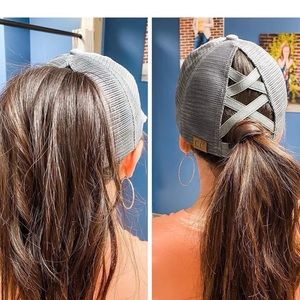 C.C. Beanie criss cross cap for pony tails on-the-go. Adjustable Velcro strap